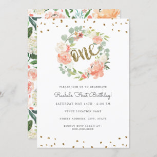Floral One Wreath Gold Peach First Birthday Invitation