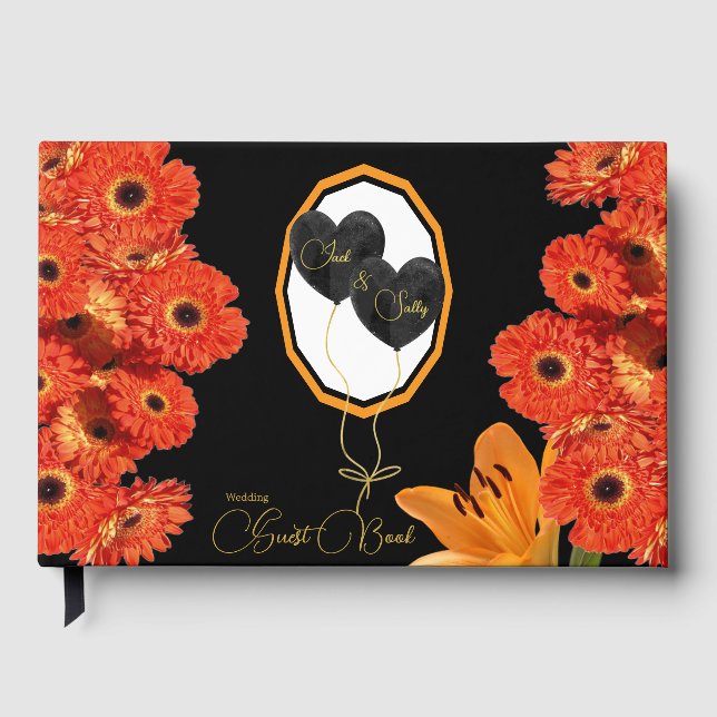 Floral Orange and Black Wedding Foil Guest Book (Front)
