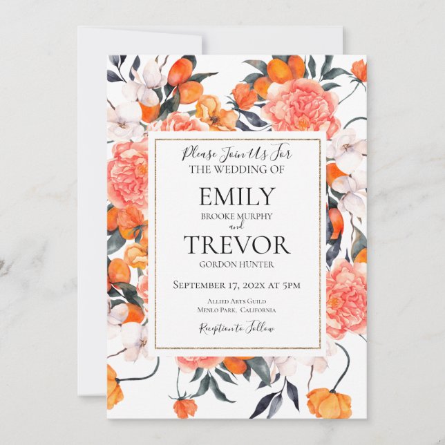 Floral orange and white wedding invitation detail (Front)