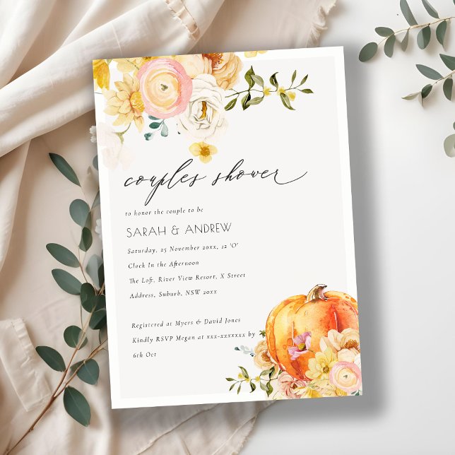 Floral Orange Autumn Pumpkin Couples Shower Invite (Creator Uploaded)