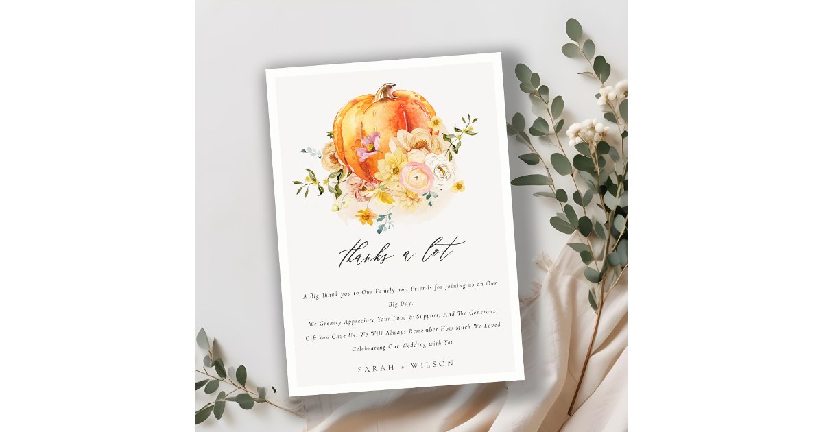 Floral Orange Autumn Pumpkin Floral Wedding Thank You Card | Zazzle