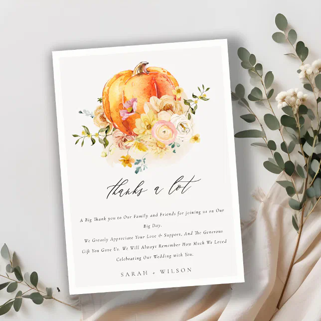 Floral Orange Autumn Pumpkin Floral Wedding Thank You Card | Zazzle