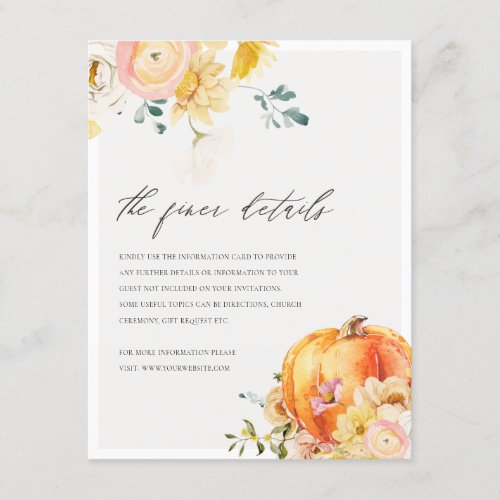 Floral Orange Autumn Pumpkin Wedding Details Enclosure Card