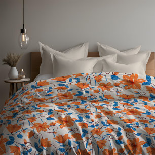 Floral Orange Blue Lily Botanical Pattern Duvet Cover