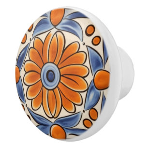 Floral Orange & Blue Mediterranean Flower Ceramic Knob