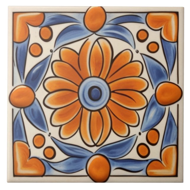 Floral Orange & Blue Mediterranean Flower Ceramic Tile (Front)