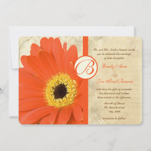 Floral Orange Coral Gerber Daisy Lace Wedding Invitation