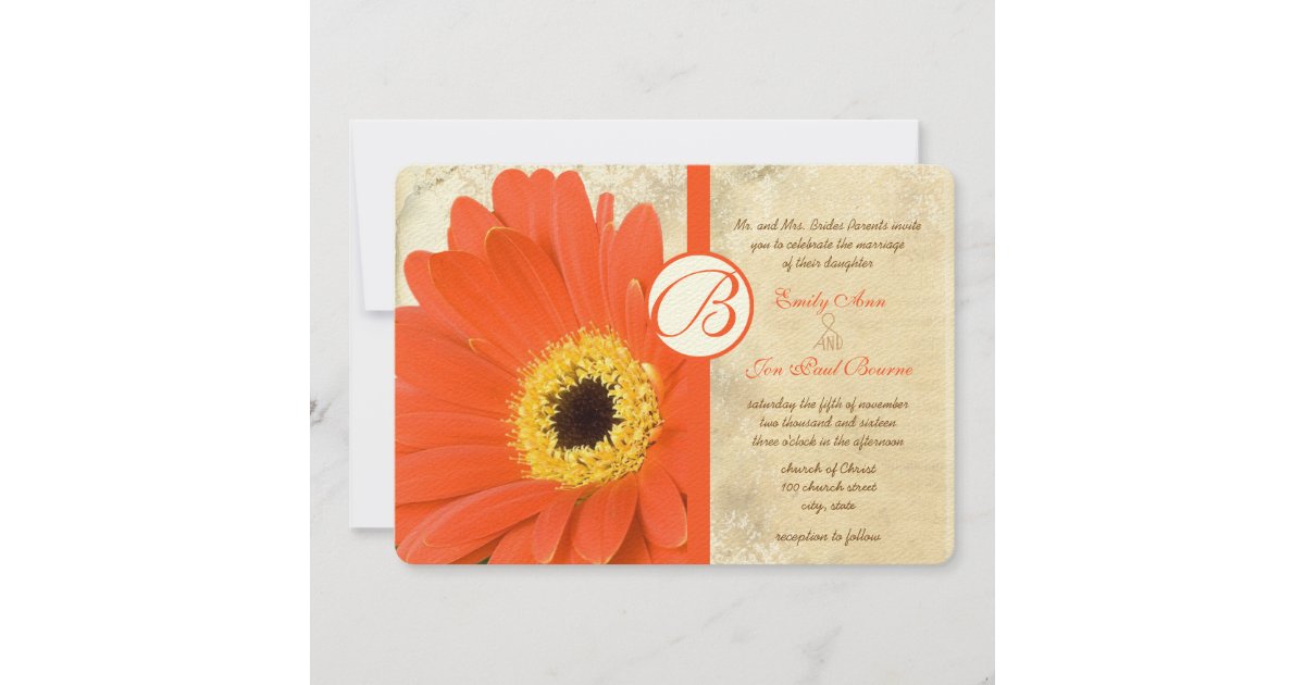 Floral Orange Coral Gerber Daisy Lace Wedding Invitation | Zazzle