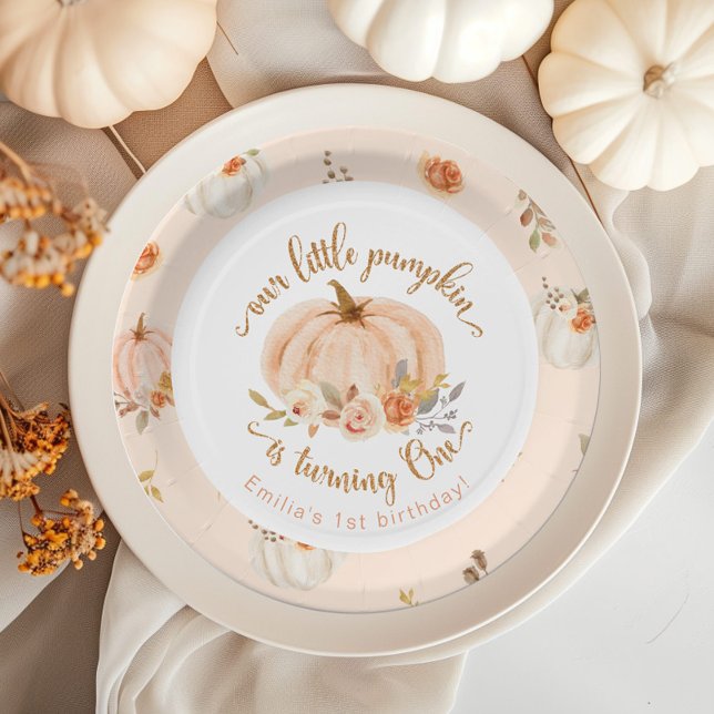 Floral orange Fall little pumpkin birthday Paper Plates (Creator Uploaded)