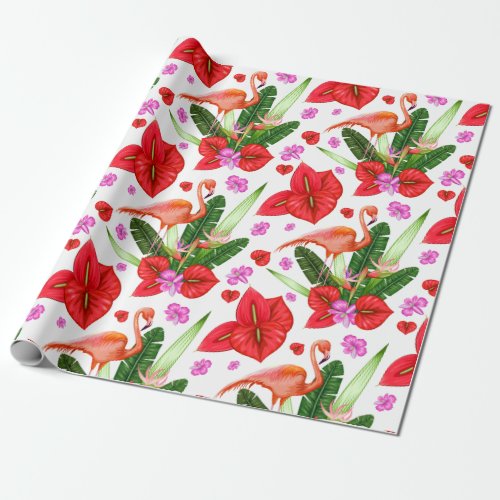 Floral Orange Flamingos Tropical Wrapping Paper