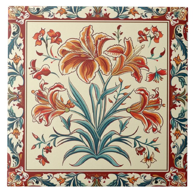 Floral Orange Flowers  Ceramic Tile (Front)