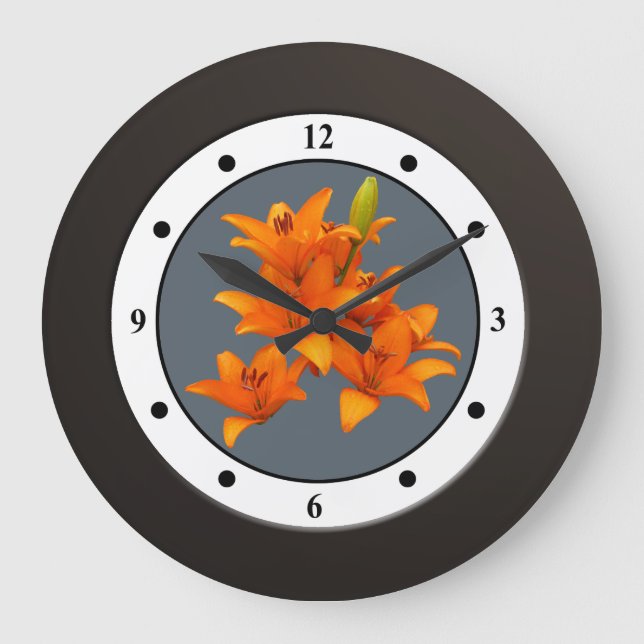 Floral Orange Garden Flower Modern Digits Large Clock (Front)
