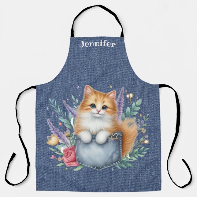 Floral Orange Ginger Cat All-Over Print Apron (Front)