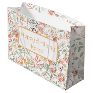 Floral Orange Green &Pink Custom Happy Birthday Large Gift Bag