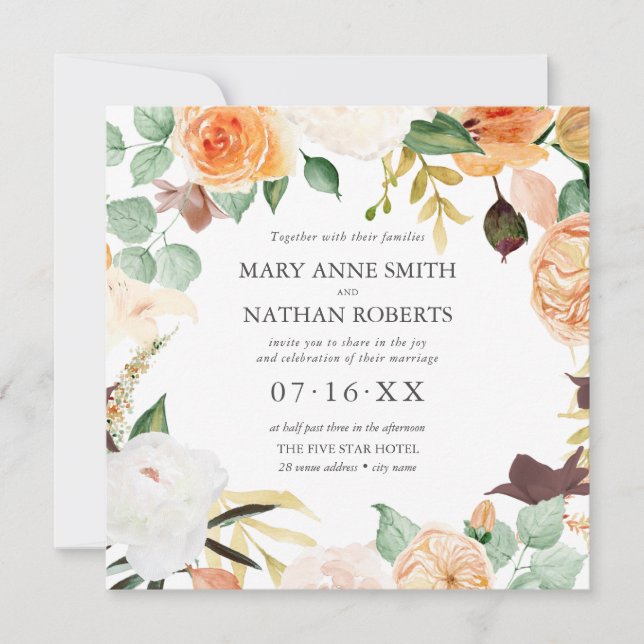 Floral Orange Late Summer ALL IN ONE Wedding Invitation (Front)
