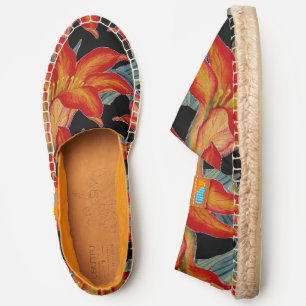 Floral Orange Lily Flower on Black Espadrilles