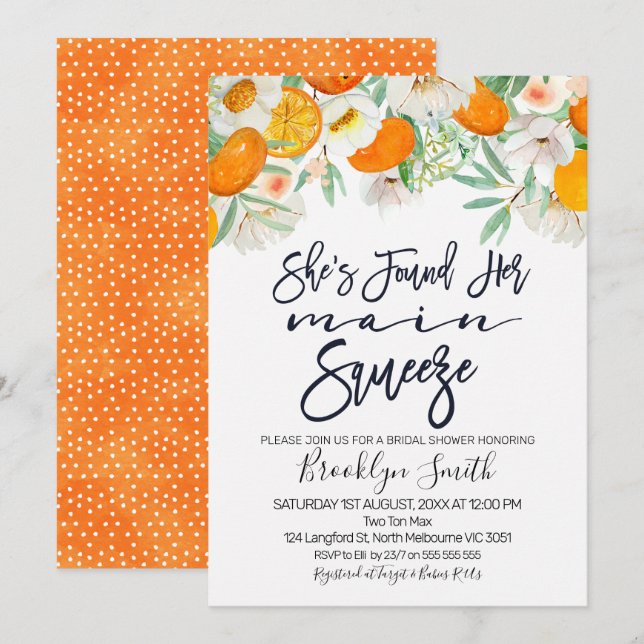 Floral orange main squeeze bridal shower invite (Front/Back)