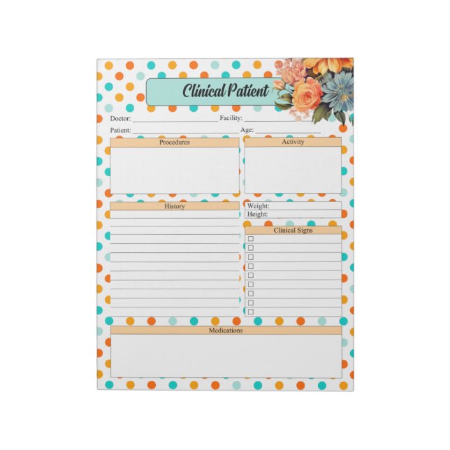 Floral Orange n Blue Polka Dots _ Clinical Patient Notepad (Rotated)