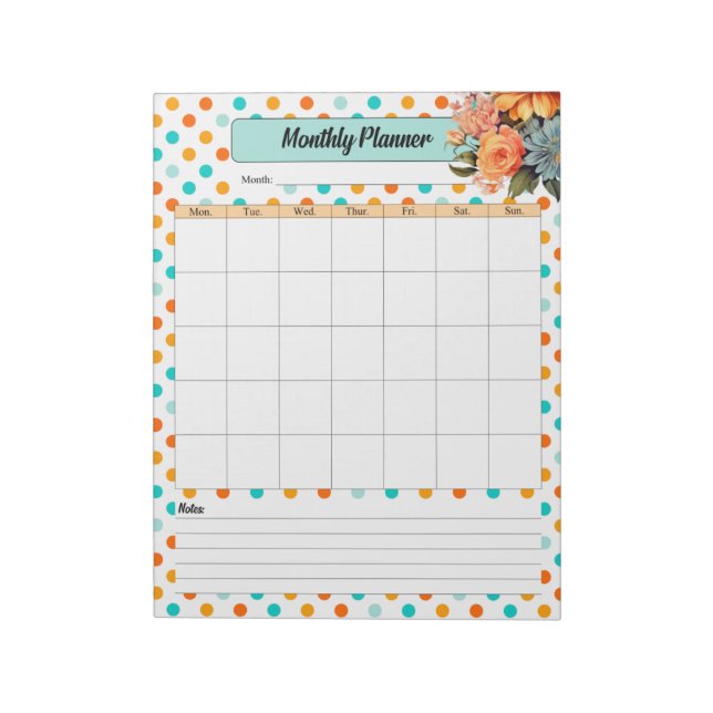 Floral Orange n Blue Polka Dots _ Monthly Planner Notepad (Rotated)
