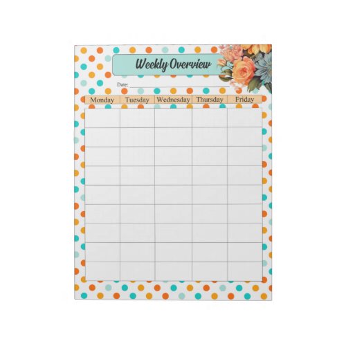 Floral Orange n Blue Polka Dots _ Weekly Overview Notepad