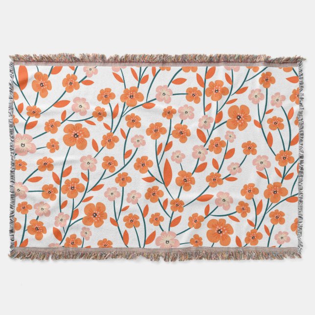 Floral Orange Pastel White Seamless Throw Blanket (Front)