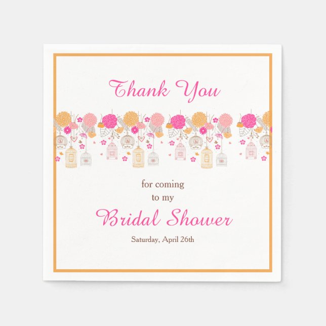 Floral Orange & Pink Bird Cages Bridal Shower Napkins (Front)