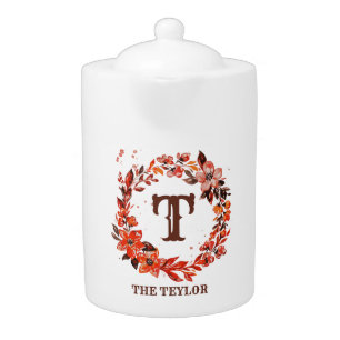Floral Orange Red Monogram Teapot