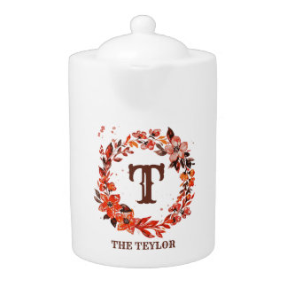 Floral Orange Red Monogram Teapot