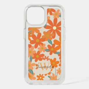 Floral Orange Retro & Monogram Name iPhone 15 Case