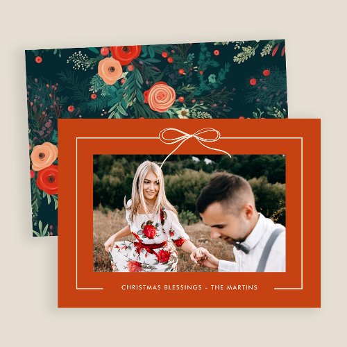 Floral Orange Ribbon Framed Photo Christmas  Holiday Card