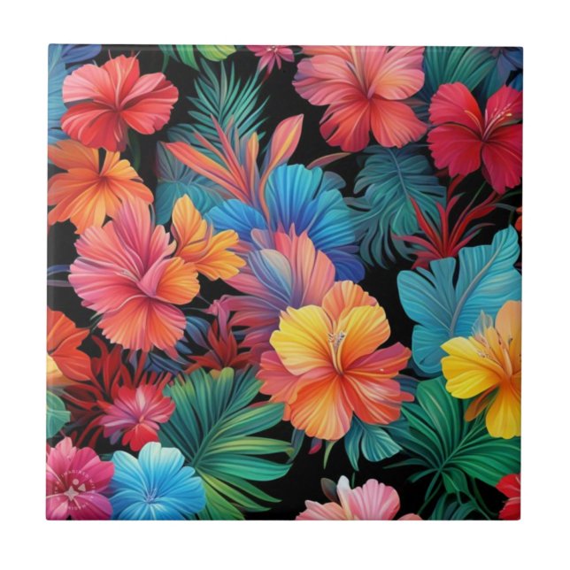 Floral Orange Tropical Flowers Leaves-66771 Ceramic Tile (Front)