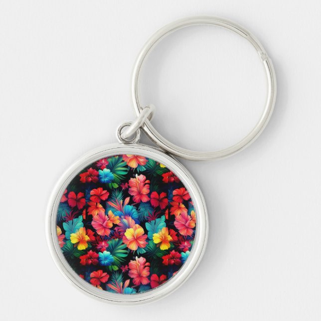 Floral Orange Tropical Flowers Leaves-66771 Keychain (Front)