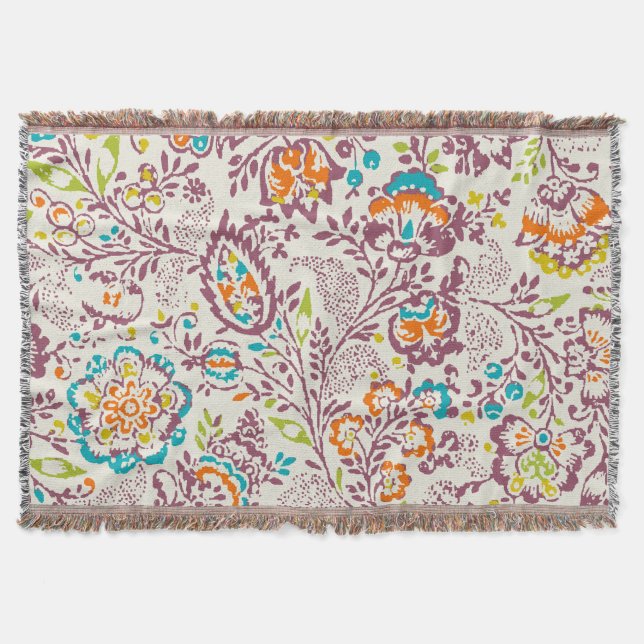 Floral Orange Turquoise Lime and Purple Pattern Throw Blanket (Front)