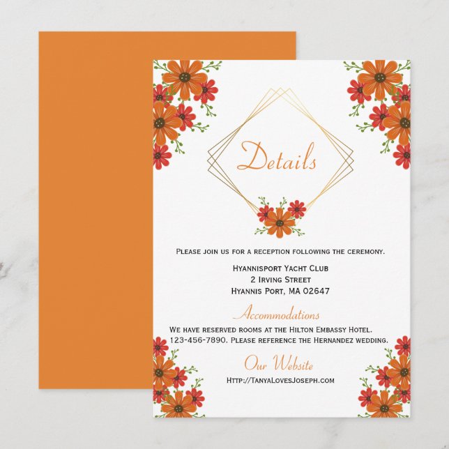 Floral Orange Wedding Details Country Fall Rustic Invitation (Front/Back)