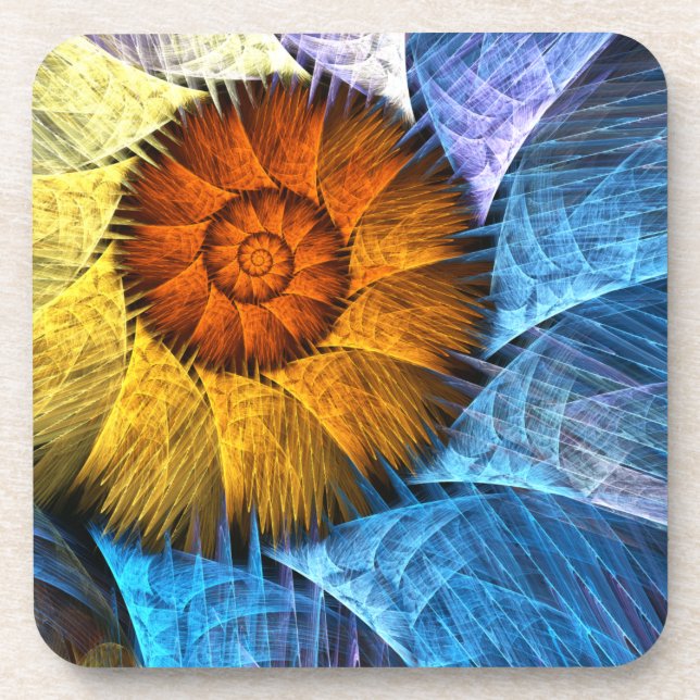 Floral Orange Yellow Blue Abstract Art Beverage Coaster (Front)