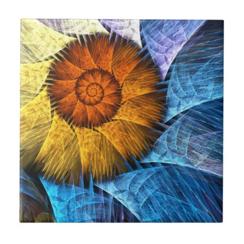 Floral Orange Yellow Blue Abstract Art Ceramic Tile