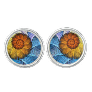 Floral Orange Yellow Blue Abstract Art Cufflinks