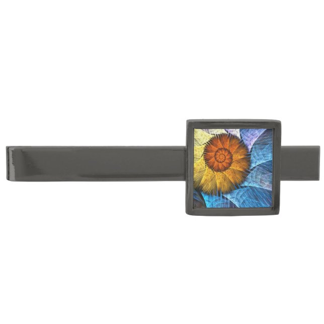 Floral Orange Yellow Blue Abstract Art Gunmetal Finish Tie Bar (Front)