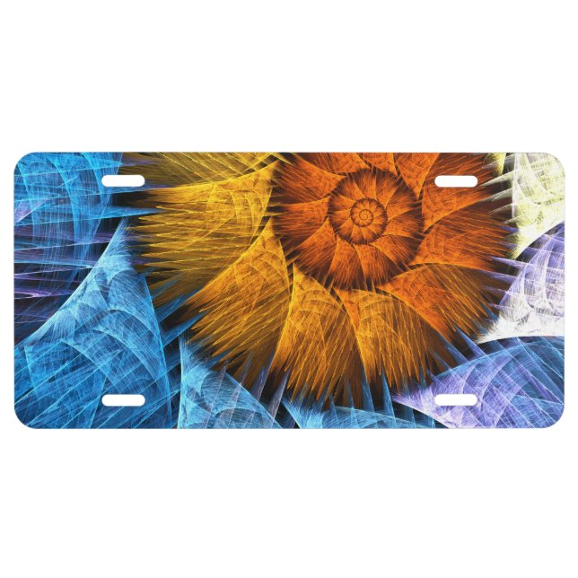 Floral Orange Yellow Blue Abstract Art License Plate (Front)