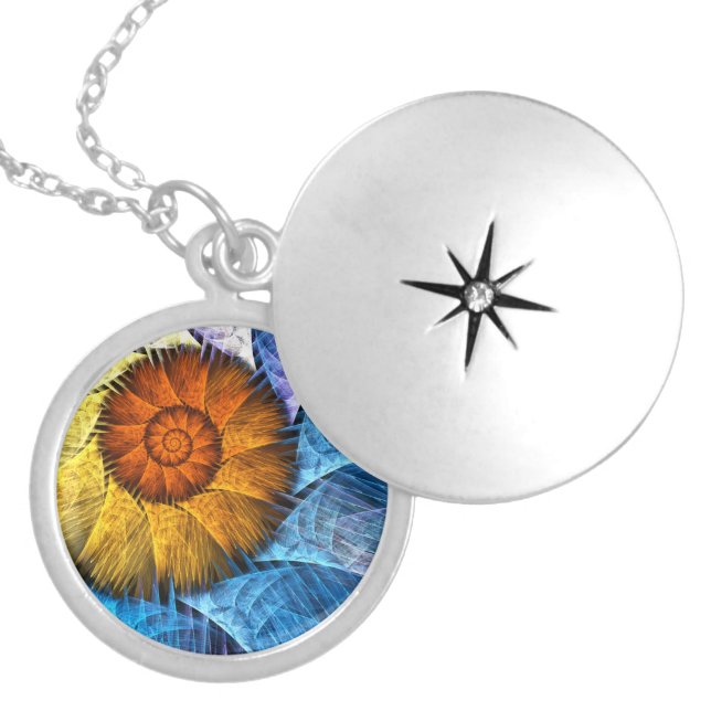 Floral Orange Yellow Blue Abstract Art Locket Necklace (Front)