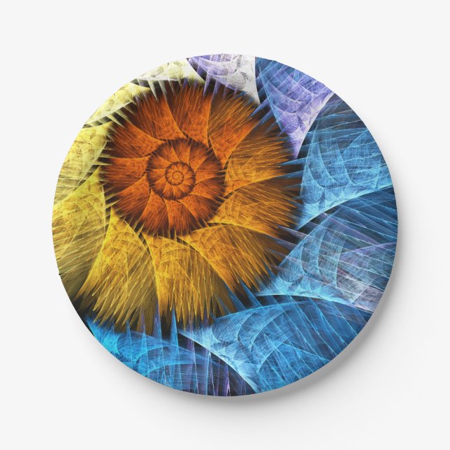 Floral Orange Yellow Blue Abstract Art Paper Plates (Front)