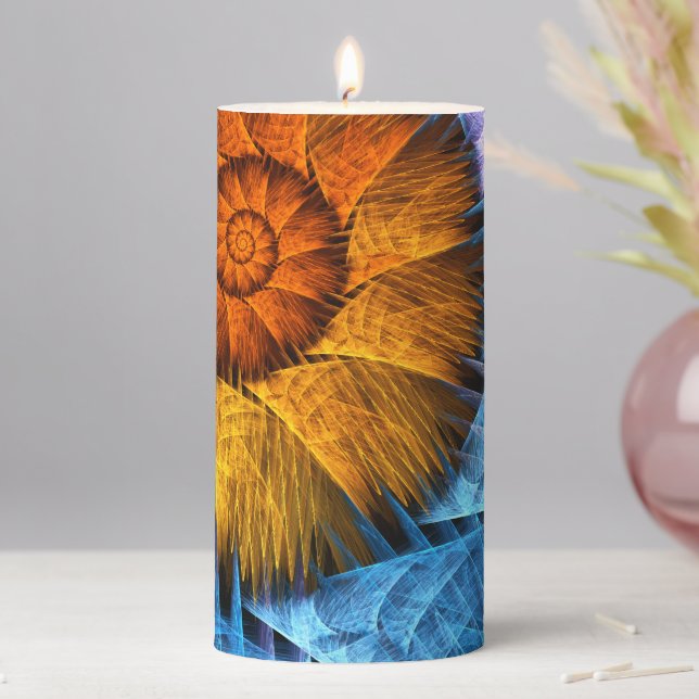 Floral Orange Yellow Blue Abstract Art Pillar Candle (In Situ)