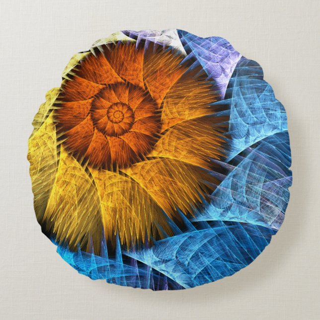 Floral Orange Yellow Blue Abstract Art Round Pillow (Front)