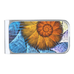 Floral Orange Yellow Blue Abstract Art Silver Finish Money Clip