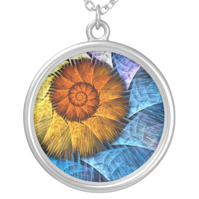 Floral Orange Yellow Blue Abstract Art Silver Plated Necklace (Front)