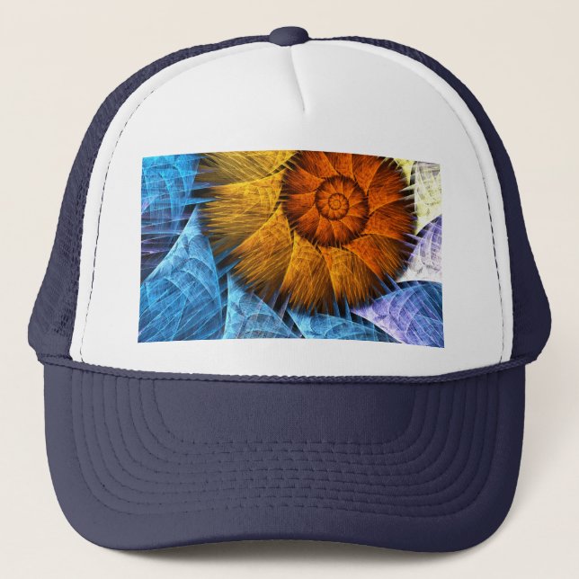 Floral Orange Yellow Blue Abstract Art Trucker Hat (Front)