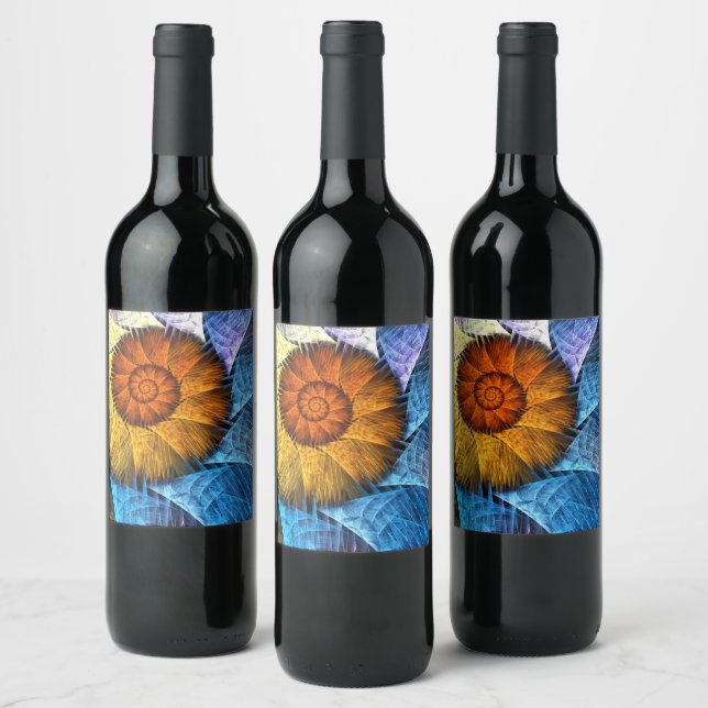 Floral Orange Yellow Blue Abstract Art Wine Label (Bottles)
