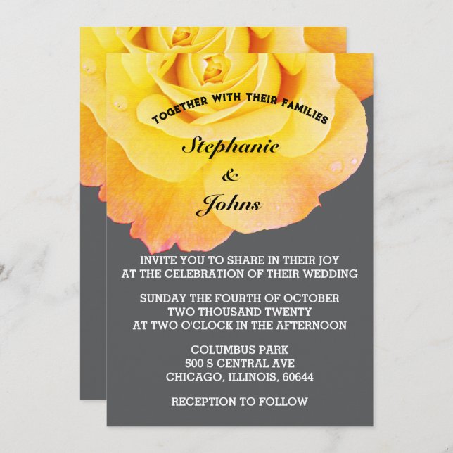 Floral Orange Yellow Grey Gray Cool Boho Wedding Invitation (Front/Back)