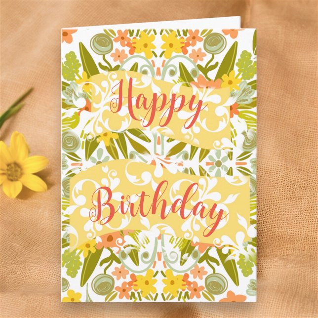 Floral Orange Yellow Original Art Happy Birthday  Card (Original Art Birthday Card by Artist © Cathy Thompson. Personalize inside with your own message.)