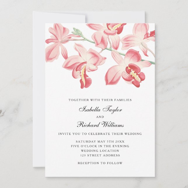 Floral orchid elegant modern wedding invitation (Front)